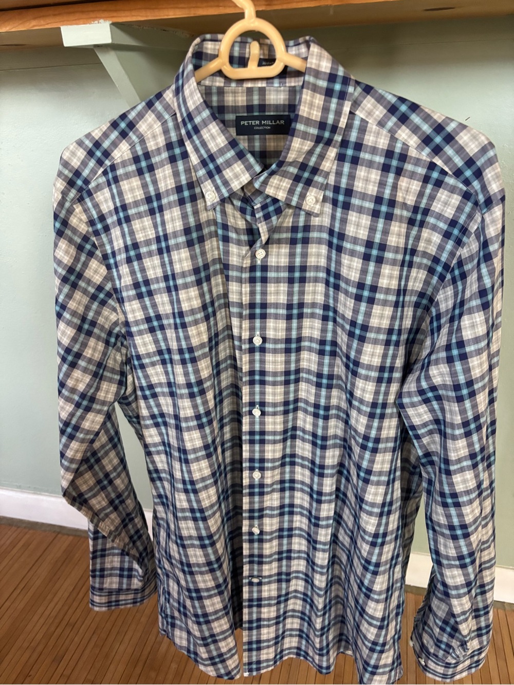 Peter Millar Men’s Blue Plaid Button-Down Shirt long sleeved cotton size medium
